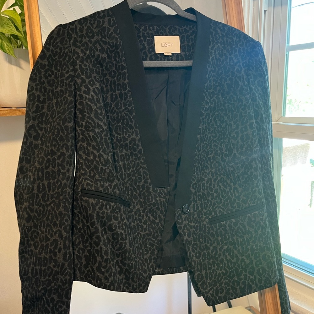 LOFT Black Leopard-Print Open Blazer with Satin Trim